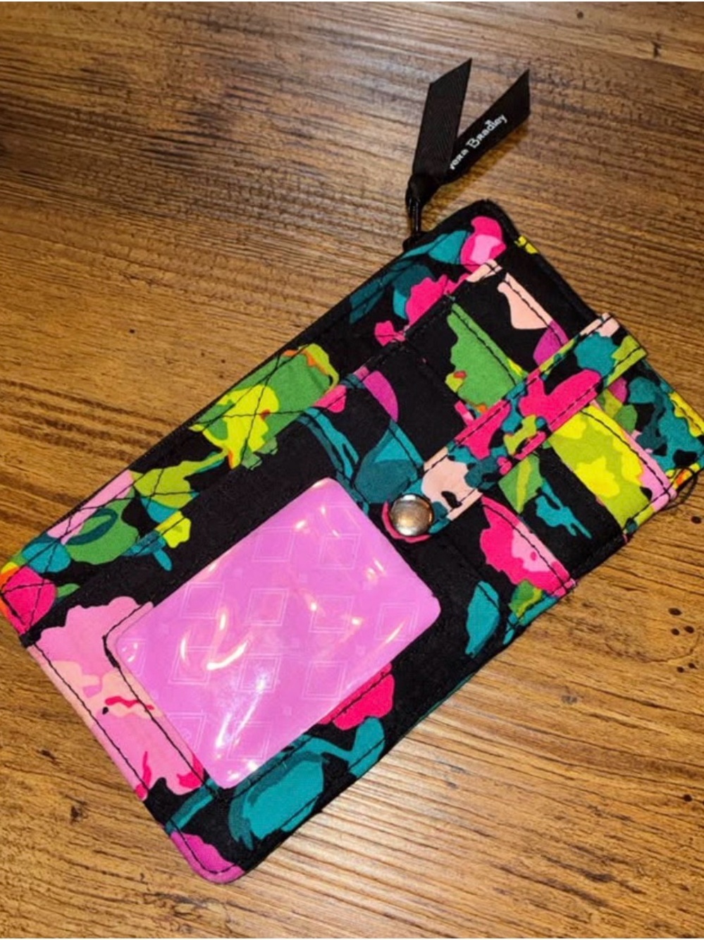 Vera Bradley Black Floral Quilted Wallet with Pink ID Window